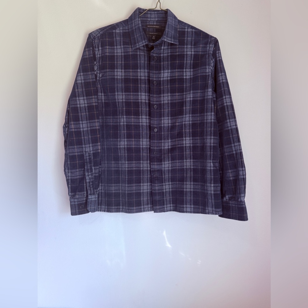 Banana Republic Men’s Slim Fit Untucked  Navy & Gray Plaid Corduroy Casual Shirt